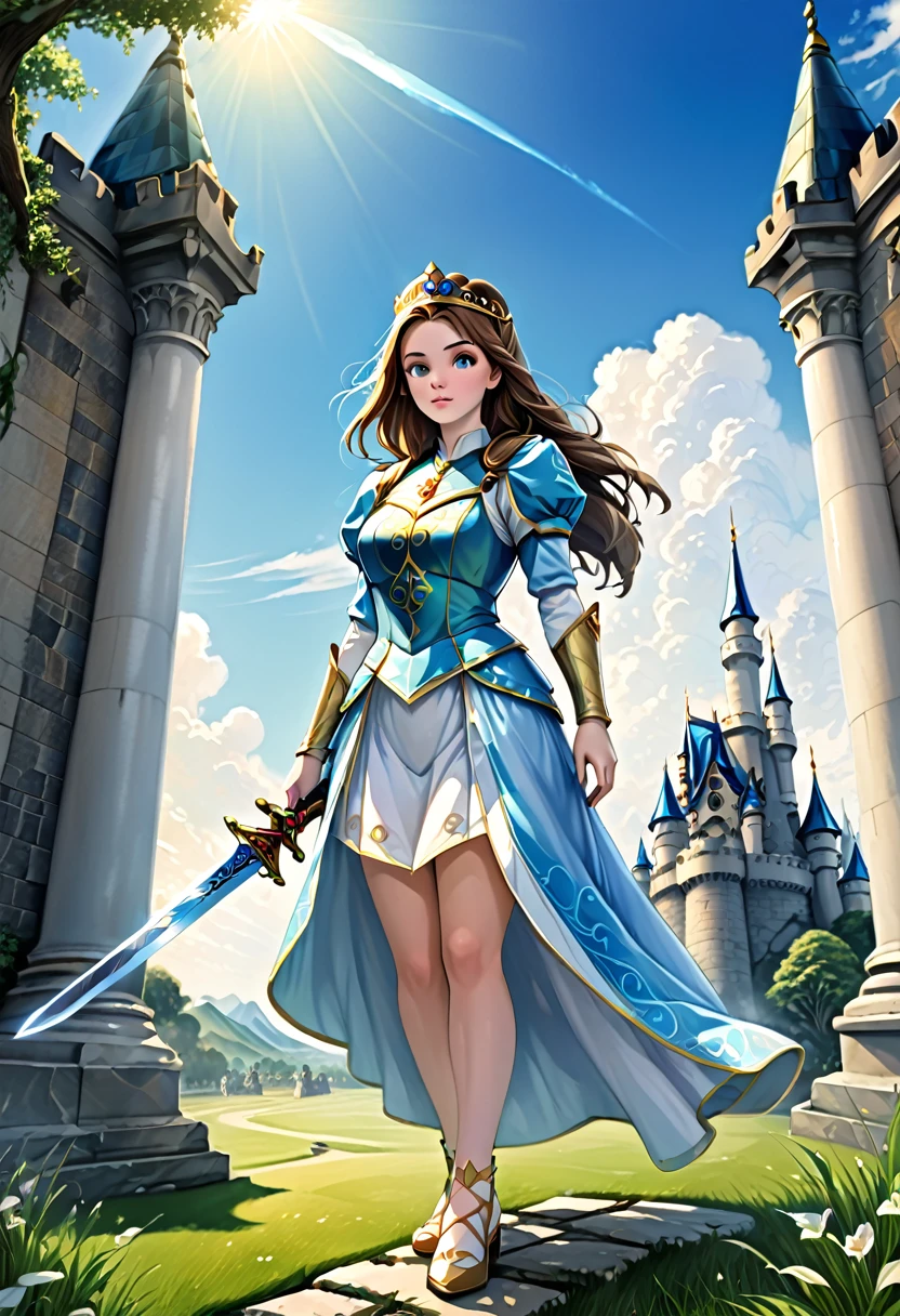 detailed illustration, dynamic angle, ultra-detailed, illustration, beautiful illustration, elegant illustration, human, 1girl, princess, sword, holy, spirits, ancestors, castle, blue sky, green grass, marble statues