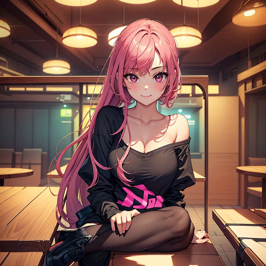 masterpiece, best quality, ((3 girls)), ((multiple women)), ((sitting beside girls)), sitting, ((club background)), pink hair, knowing look, smile, sultry eyes, trendy outfit, ((directly across from viewer)), ((table in front)), table, mug, beer, ((booth seating))