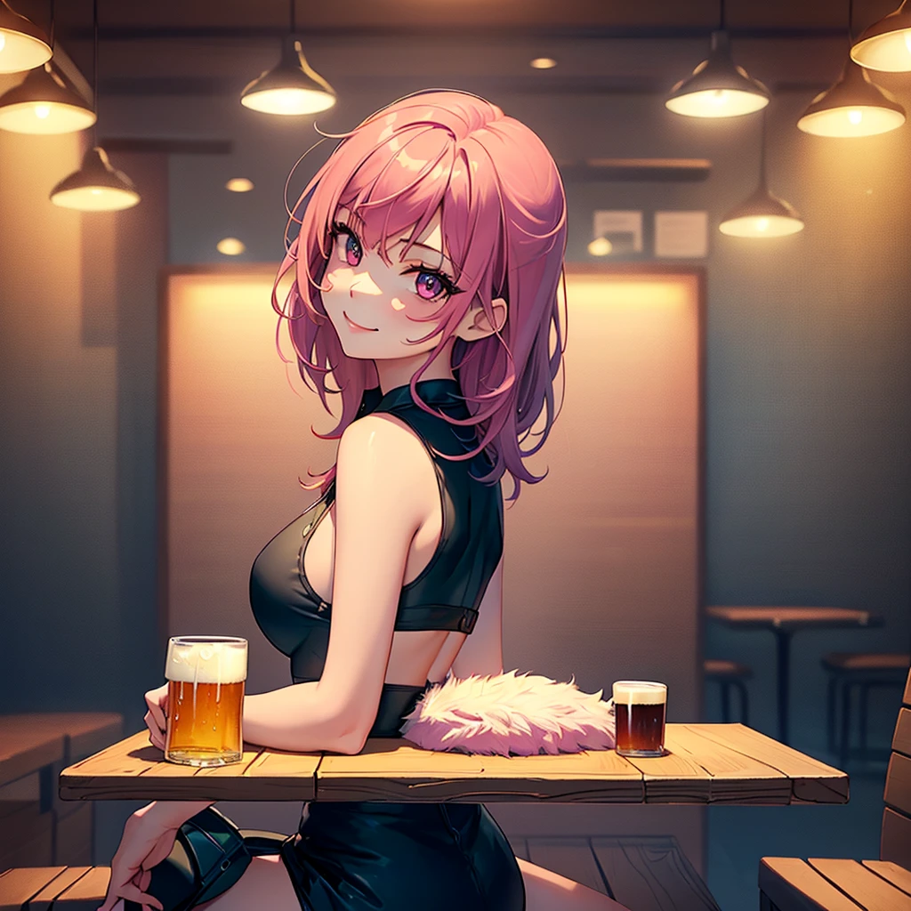 masterpiece, best quality, ((3 girls)), ((multiple women)), ((sitting beside girls)), sitting, ((club background)), pink hair, knowing look, smile, sultry eyes, trendy outfit, ((directly across from viewer)), ((table in front)), table, mug, beer, ((booth seating))