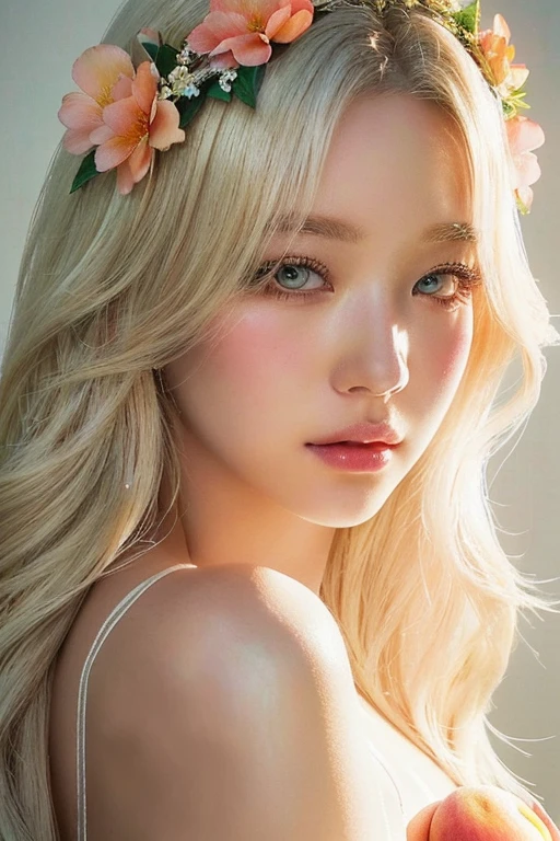 Blonde woman with flower crown and a peach in her hair, guweiz style artwork, beautiful digital illustration, 🌺 society, guweiz, awesome digital illustration, loish and wlop, realist artstyle, Girl with white hair, beautiful digital painting, beautiful digital artwork, aesthetic portrait, Detailed beauty portrait, realist. Cheng Yi, beautiful digital painting