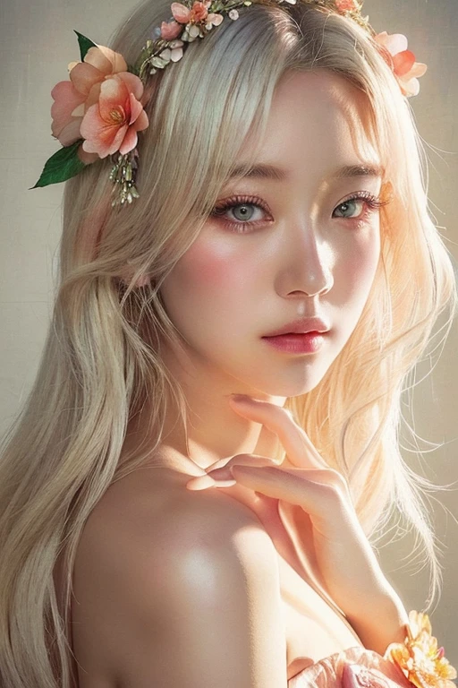 Blonde woman with flower crown and a peach in her hair, guweiz style artwork, beautiful digital illustration, 🌺 society, guweiz, awesome digital illustration, loish and wlop, realist artstyle, Girl with white hair, beautiful digital painting, beautiful digital artwork, aesthetic portrait, Detailed beauty portrait, realist. Cheng Yi, beautiful digital painting