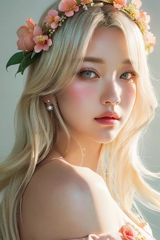 Blonde woman with flower crown and a peach in her hair, guweiz style artwork, beautiful digital illustration, 🌺 society, guweiz, awesome digital illustration, loish and wlop, realist artstyle, Girl with white hair, beautiful digital painting, beautiful digital artwork, aesthetic portrait, Detailed beauty portrait, realist. Cheng Yi, beautiful digital painting