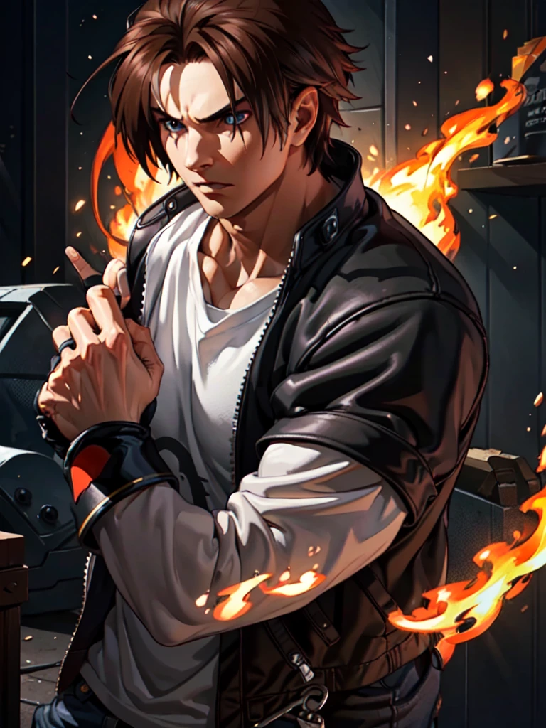 Masterpiece, highest quality, ultra realistic, intricate details, 8k, 4k, professional illustration of kyo kusanagi,, (perfect hands), serious look|expression, fire vortex