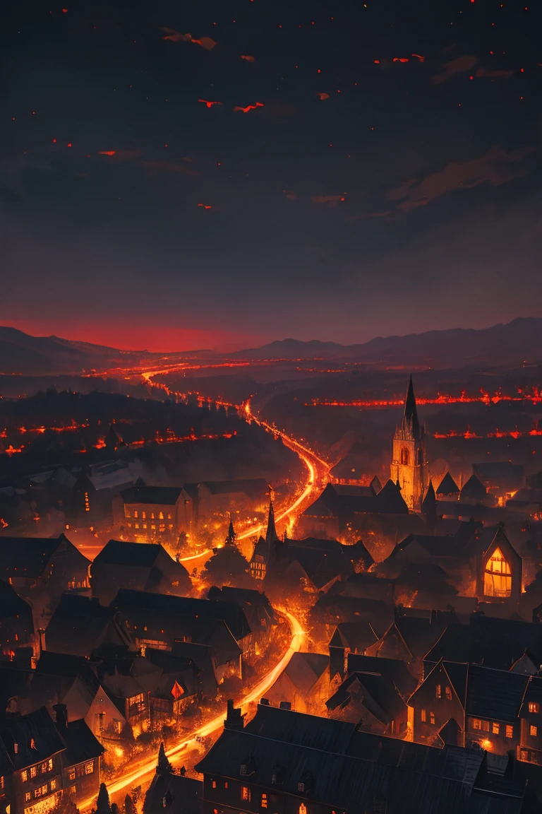 old European village shot with bird view, (Red glowing eyes), masterpiece, Depth of written boundary, Lutz, Gwaites style artwork, Gothic aesthetics, Dark Vampire village, ((in the dark gothic style cathle:1)), ((dark mid-night time:1.5)),