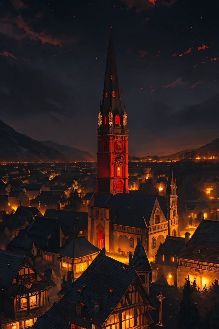 old European village shot with bird view, (Red glowing eyes), masterpiece, Depth of written boundary, Lutz, Gwaites style artwork, Gothic aesthetics, Dark Vampire village, ((in the dark gothic style cathle:1)), ((dark mid-night time:1.5)),