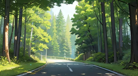 create a serene and realistic scene of a two-lane road cutting through a dense forest. the road should be gently winding, flanke...