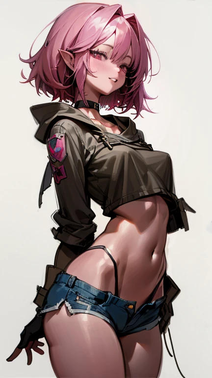 ((Sketch)), (Watercolor), 1girl, short dark pink hair, messy hair, light pink eyes, beautiful eyes, pointy ears, detailed lips, smirk, choker, collarbone, large breast, wide hips, loose cropped hooded sweater, under boob, cut jean shorts, small shorts, center opening, thigh gap, black fingerless gloves, (white background), hip dips, thick thighs, perky breasts