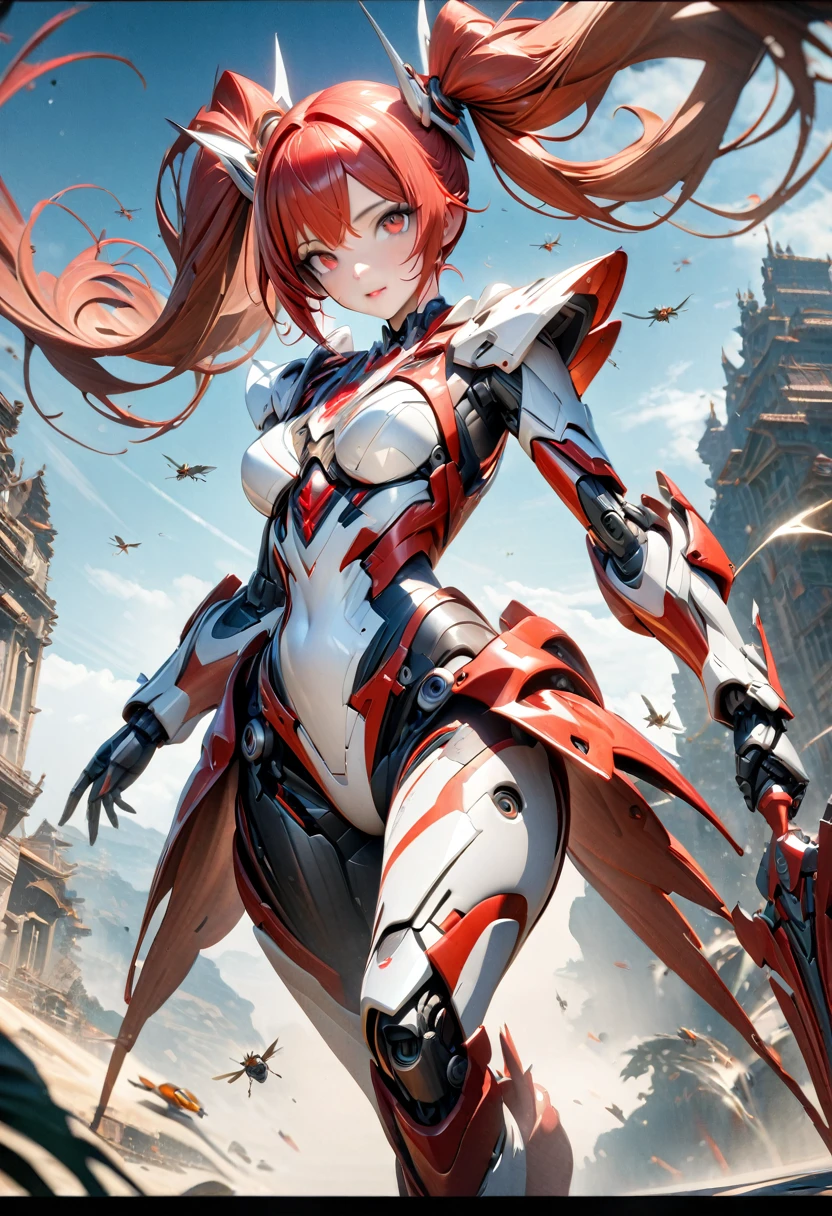 Ultra HD 3dCG concept art, A girl wearing robot armor holds a long sword and flies dynamically through the sky.1girl robot girl with long red hair in twin tails,Red and white mechanical barrette, Very detailed red eyes, Beautiful lips, Breathtakingly beautiful detailed skin,Red and white wearing flashy robotic armor, The stylish depiction and realism of the robot armor, the detailed depiction of the robot armor's mechanisms, the gloss and texture of the surface,(holding a long red and white sword:1.6). Accurate depiction of the hand holding the sword,The highly detailed patterns and shapes of the sword, the glow of the sword blade and the red beam emission effect from the blade,flying through a blue sky、(Dynamically flying through the sky:1.2)、Full-body view,High quality, high precision images,(masterpiece, best quality, 4k, 8k.:1.5). Ultra detail, ultra fine painting, 3D rendering, cinematic lighting, vivid color, professional photo resolution, award winning、Android