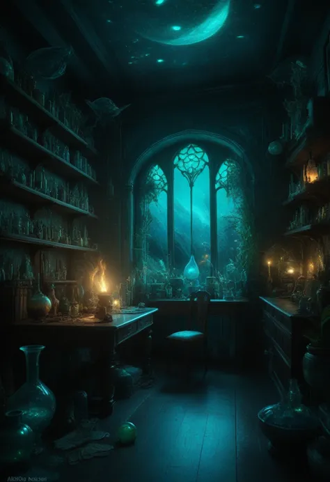 extremely detailed fantasy room alchemy, glow, bioluminescent, digital art