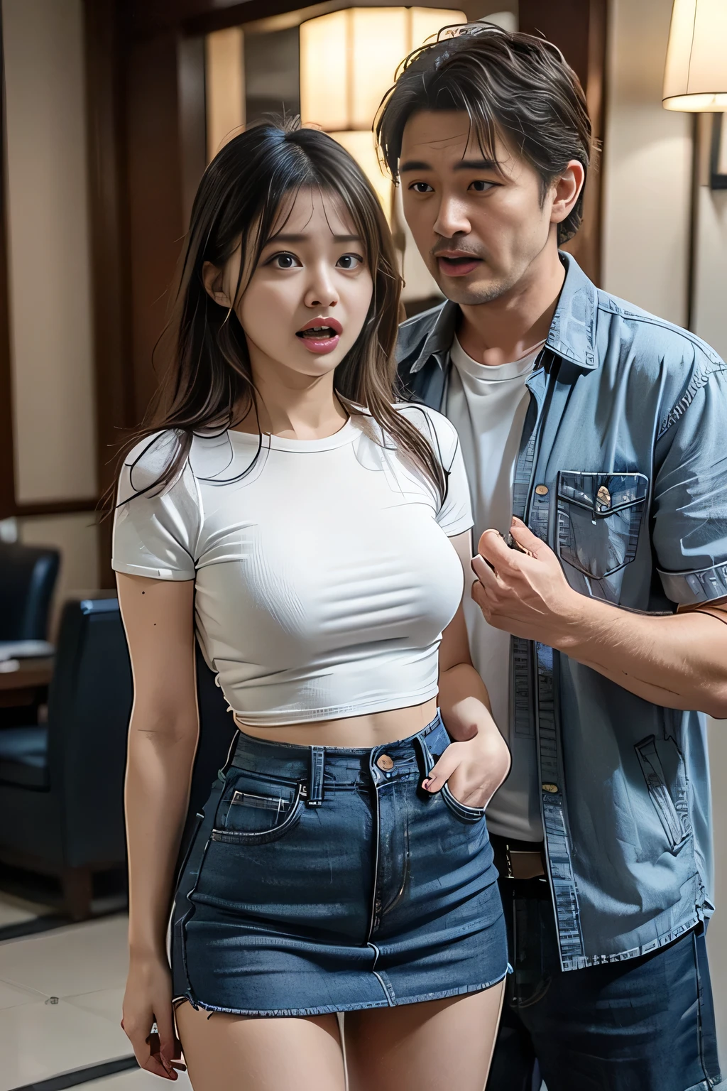 (high quality), (Realistic photos)、1 male、1 female、No audience、((Young Japanese couple arguing face to face:1.4))、((Angry Japanese woman and a Japanese man trying to talk to her:1.4)) 、((White short sleeveＴWoman in a shirt:1.4))、((Man in jacket:1.4))、((hotel lobby:1.4))、Daytime、((A woman glares at a man:1.7))、((A woman wearing a denim skirt that accentuates her thighs:1.4))、((White short sleeveＴWoman in a shirt:1.4))、((woman with scary expression:1.4))、