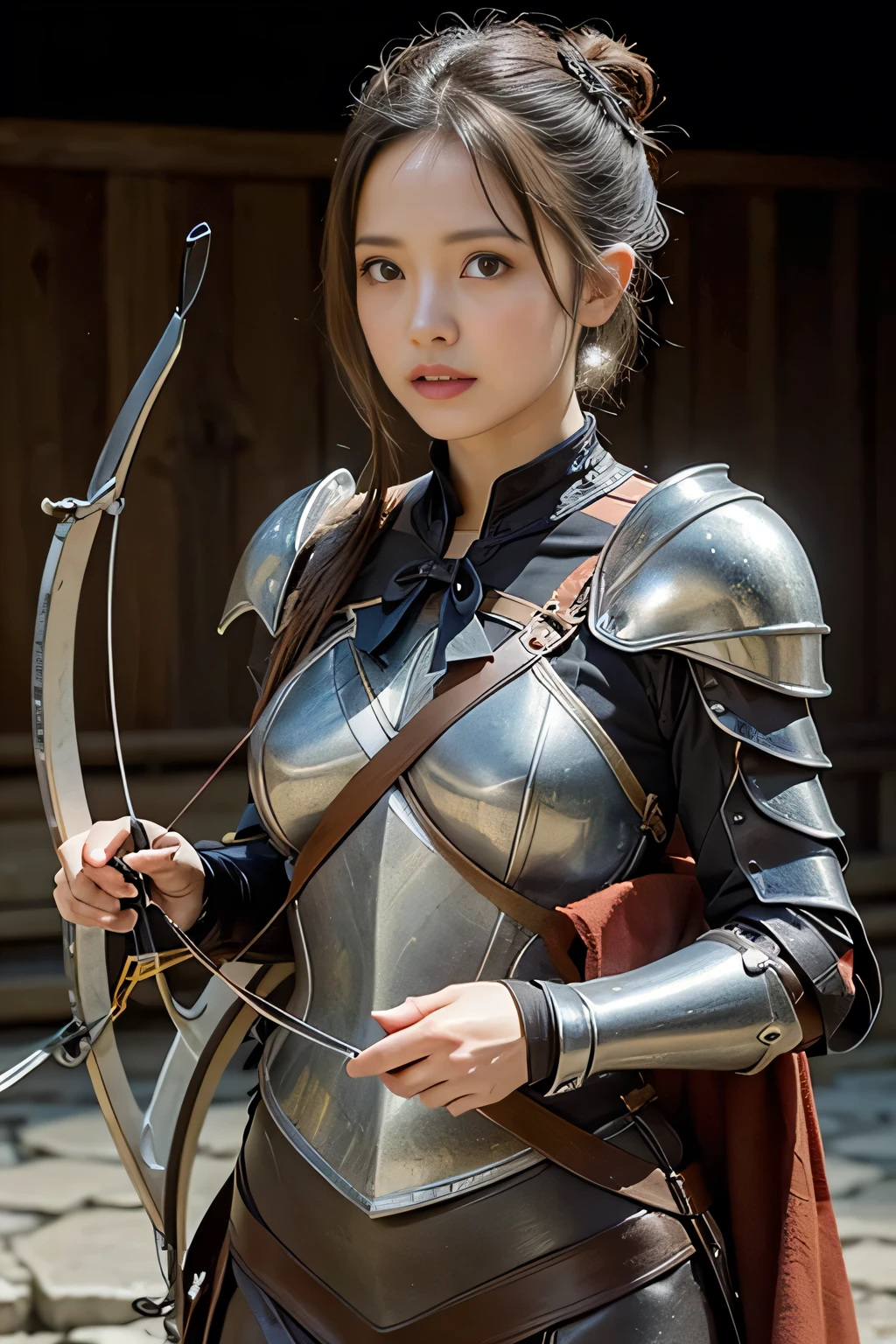 8k,A female adventurer from another world,so beautiful(Like the real thing),((Girl in leather armor:1.4)),((Woman with brown double hair bun:1.4)),blue eyes,((Woman shooting with a stone crossbow:1.5))、A woman with brown combat trousers,Dagger on hip,Walking in mountainous areas,Perfect Face,Perfect hand shape,charm,Volume measurement,Body balance,超High resolution,super Realistic skin,Digital single-lens reflex camera, Soft lighting, high quality, Highly detailed face, Highly detailed eyes, highly detailed skin, skin, Scattered beneath the surface of the water, Highly detailed face, Highly detailed eyes, Beautiful expression, lip, Detailed Background, Written boundary depth, Small breasts、Volumetric lighting, Sharp focus, Absurd, Realistic proportions, Excellent anatomy, (Realistic, 超Realistic:1.4), 16k hdr, dawn,High resolution,super Realistic skin,super Beautiful expression,Fantasy art,Character Art,Dynamic pose,Compensate,Brown cloak,((Carrying a big bow:1.4)),