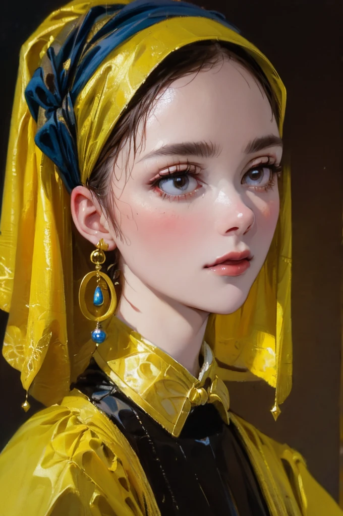 (oil painting, in Rembrandt style:1.1), (medieval portrait:1.2), oil painting with brushstrokes, masterpiece, best quality, detailed, portrait, A girl with a pearl earring, solo, three-quarter face, black eyes, lips, makeup, slightly open lips, Pearl earring, blue headband on yellow headscarf:1.2, White collar, yellow clothes, oil painting, (medium), sidelight:1.4, shadow, from side, looking back, black background, simple background