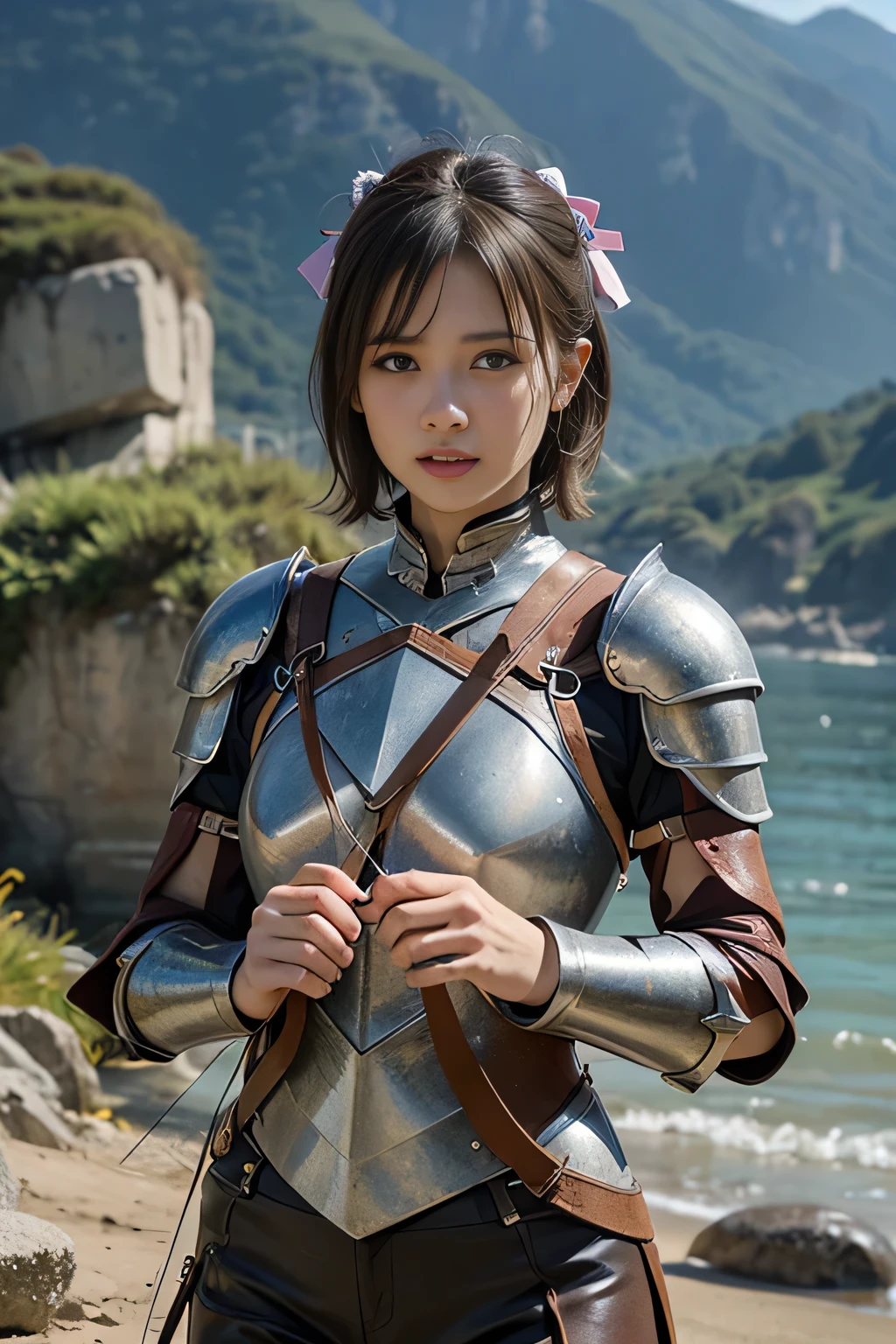 8k,A female adventurer from another world,so beautiful(Like the real thing),((Girl in leather armor:1.4)),((Woman with short brown hair:1.4)),blue eyes,((Woman shooting with a stone crossbow:1.5))、A woman with brown combat trousers,Dagger on hip,Walking in mountainous areas,Perfect Face,Perfect hand shape,charm,Volume measurement,Body balance,超High resolution,super Realistic skin,Digital single-lens reflex camera, Soft lighting, high quality, Highly detailed face, Highly detailed eyes, highly detailed skin, skin, Scattered beneath the surface of the water, Highly detailed face, Highly detailed eyes, Beautiful expression, lip, Detailed Background, Written boundary depth, Small breasts、Volumetric lighting, Sharp focus, Absurd, Realistic proportions, Excellent anatomy, (Realistic, 超Realistic:1.4), 16k hdr, dawn,High resolution,super Realistic skin,super Beautiful expression,Fantasy art,Character Art,Dynamic pose,Compensate,Brown cloak,((Carrying a big bow:1.4)),