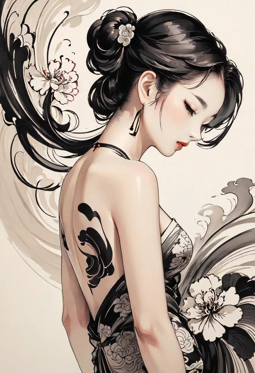 Chinese traditional ink body art style, (Use simple lines to outline a woman’s graceful figure），Take a step back, undulating lines, Thick and thin lines, (body art）,
line art, Black and white painting,character drawing,line art,lyrical abstraction, Fountain Pen Art,Gel Pen,crayon art,