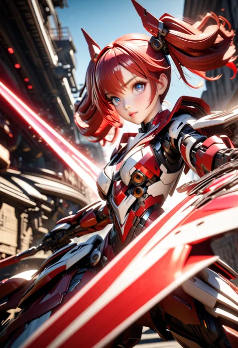 a detailed girl in mechanical red and white robot armor, holding a long red and white sword, flying dynamically through a blue s...