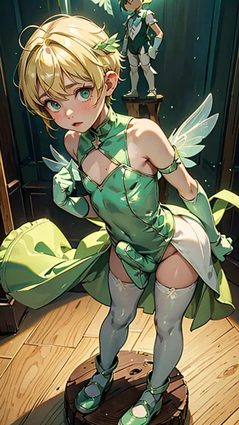 cute boy, 1, wearing a green fairy costume with white wings standing on a hard wood floor shot from above as he looks at the cam...