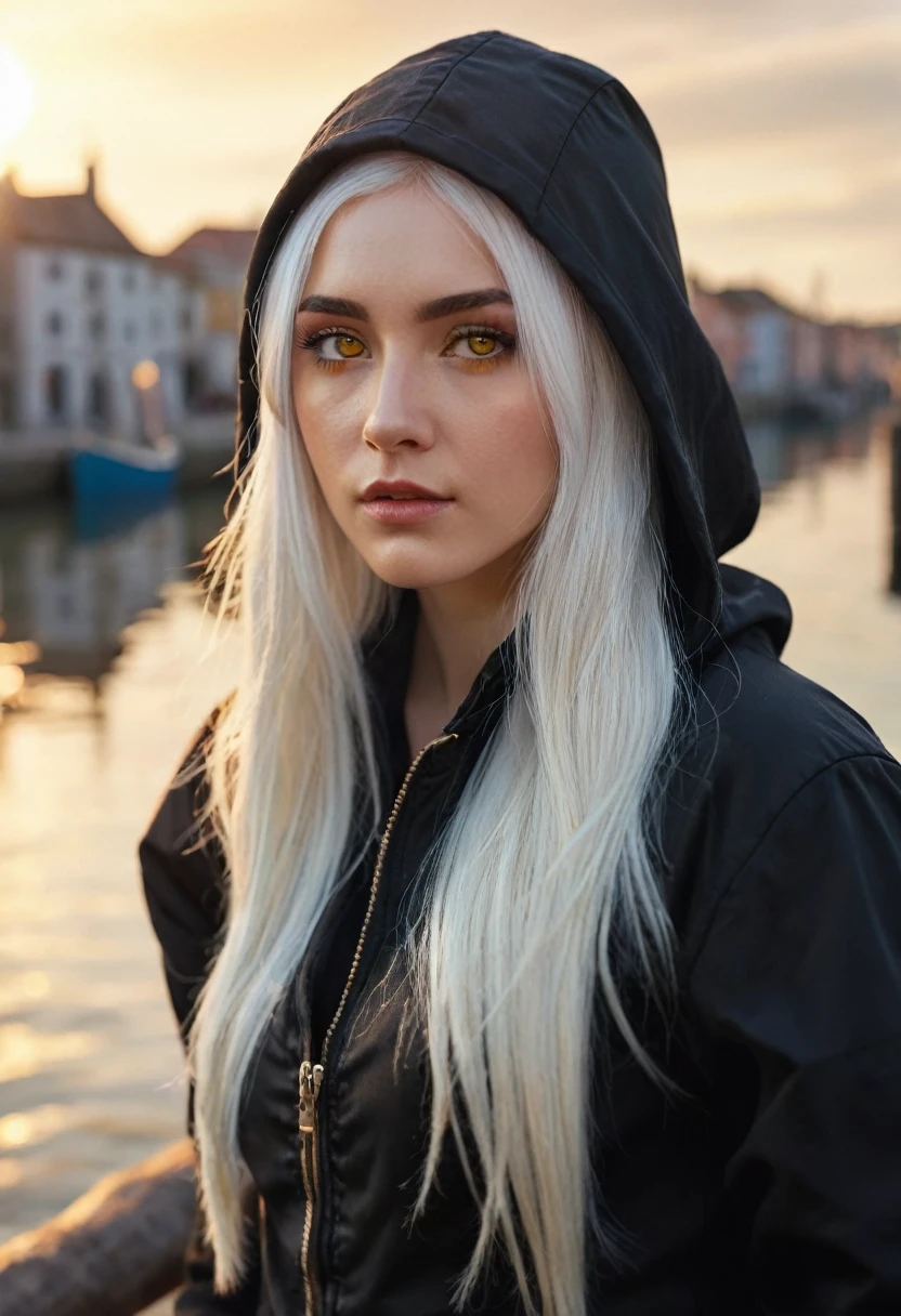 A beautiful young woman with delicate facial features, long white hair, and yellow eyes, wearing a white shirt, a black hooded jacket, and a black baseball cap. She has black stockings and thigh-high black boots. The scene is set in a medieval port at sunset, with detailed water reflections and sun glare. A medium shot, with a shallow depth of field, showcasing the upper body and bust in a cinematic angle. Masterpiece, best quality, extremely detailed, 8K wallpaper, beautiful face, refined eyes, solo, coastal town, port, sunset, water, sunlight reflections.