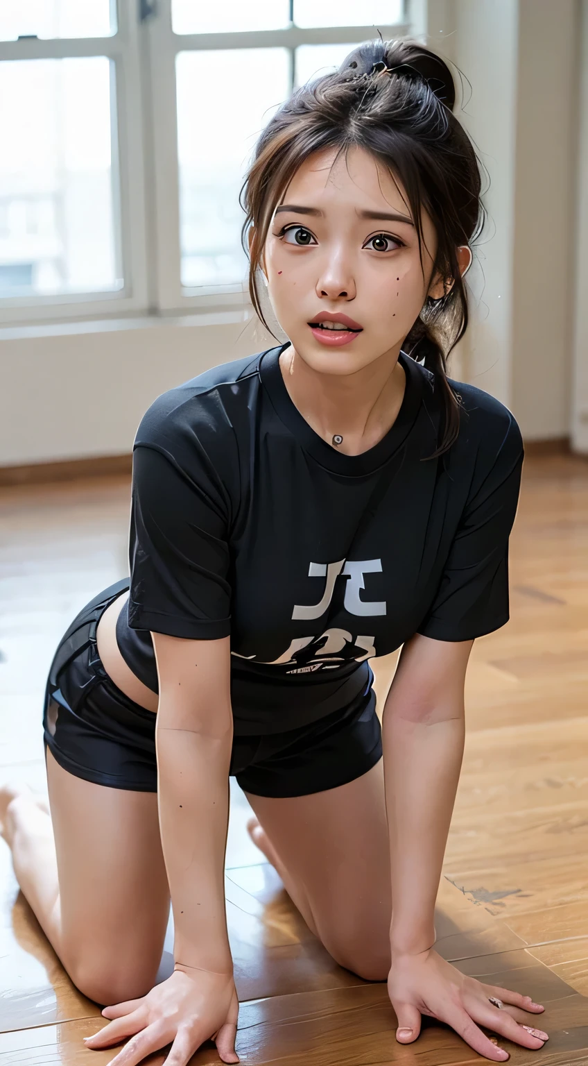 Very detailed CG Unity 8k wallpaper、Highest quality、Very detailed、masterpiece、reality、reality、Very detailedなかわいい、1、(Japanese women)、((Plain black short sleevesＴshirt:1.5))、((A high school girl wearing black sports shorts:1.4))、((Photographed from the front:1.4))、((Standing in an empty room:1.4))、((Standing confused:1.4))、blush、Cleft lip、Looking at the audience、((Cowboy Shot:1.4))、((Black ponytail:1.7))、(Beautiful Face:1.3)、(Perfect balance:1.2)、(Long legs:1.2)、(Small breasts:1.3)、((Upper Body))、((I am engaged in a martyrdom campaign.:1.4))、((Sitting on all fours on the floor:1.5))、Angle from below、reality、((ＴThe shirt is see-through:1.7))、((Confused expression:1.5))、