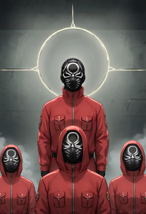 group of masked soldier, red jumpsuit, black face mask, circle symbol on the mask, seated, pitch-black room, eerie silence, mini...