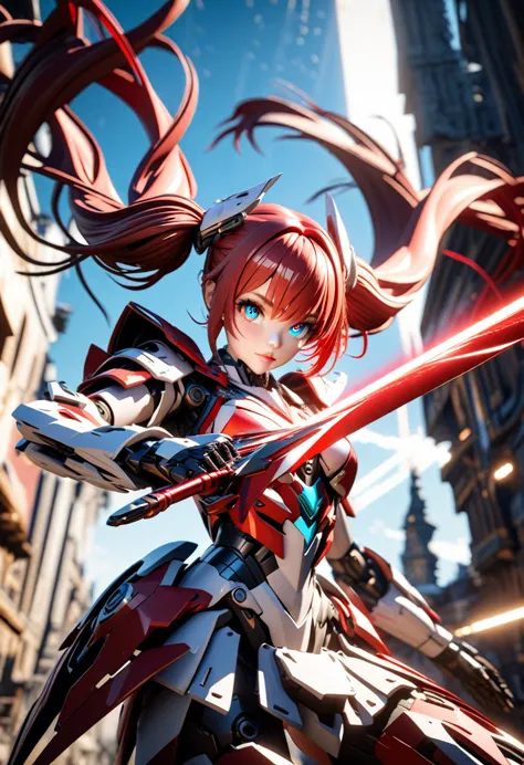 a detailed girl in mechanical red and white robot armor, holding a long red and white sword, (flying dynamically through a blue ...