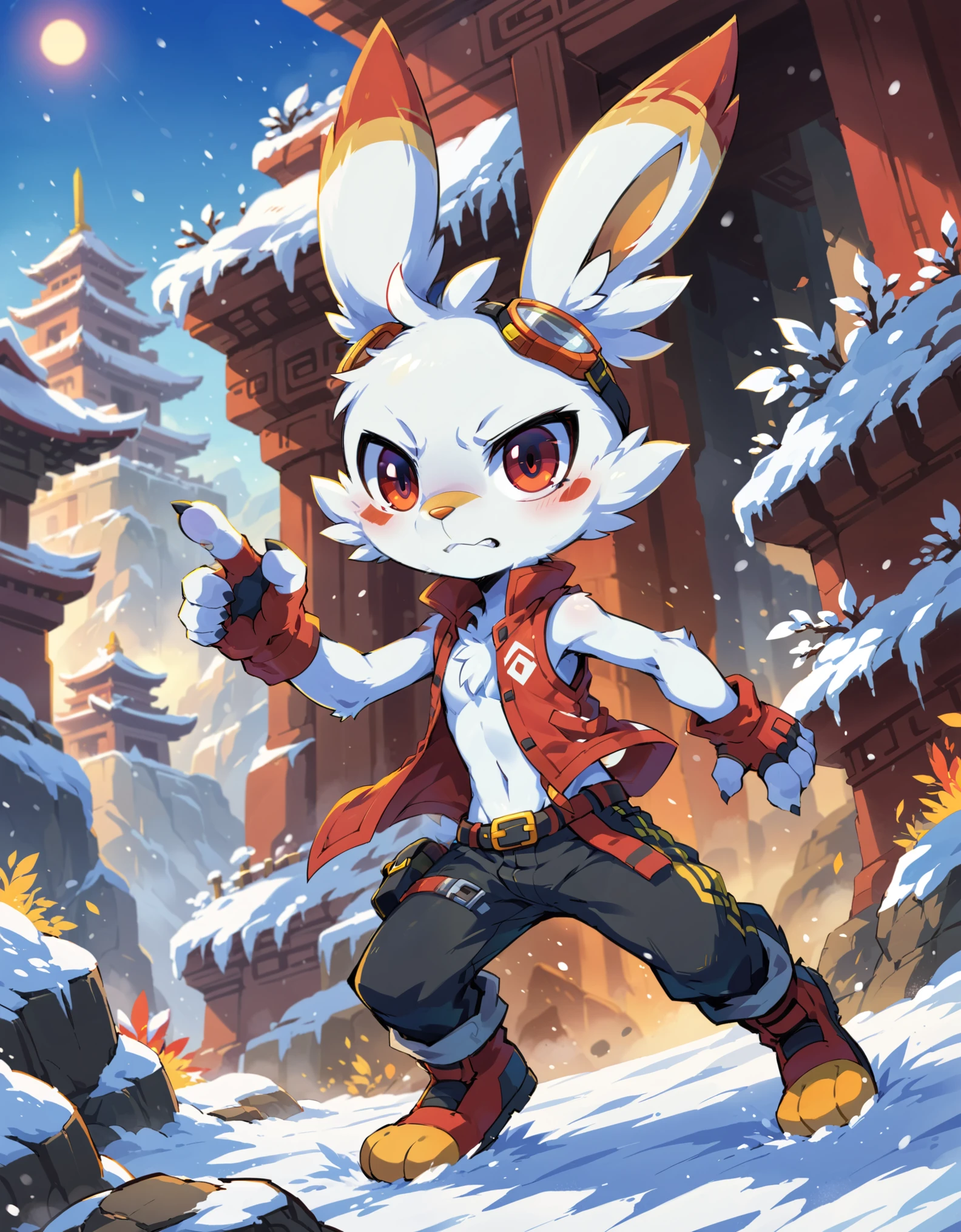 solo chibi king kazma scorbunny, white body, red eyes, serious face, action pose, safety goggles, red vest, black pants, belt, skinny, BREAK, by Tysontan, by Winte, detailed background, detailed foreground, depth of field, ambient silhouette, backlighting, blizzard, snowing, winter day, cliff, plant, foggy, temple