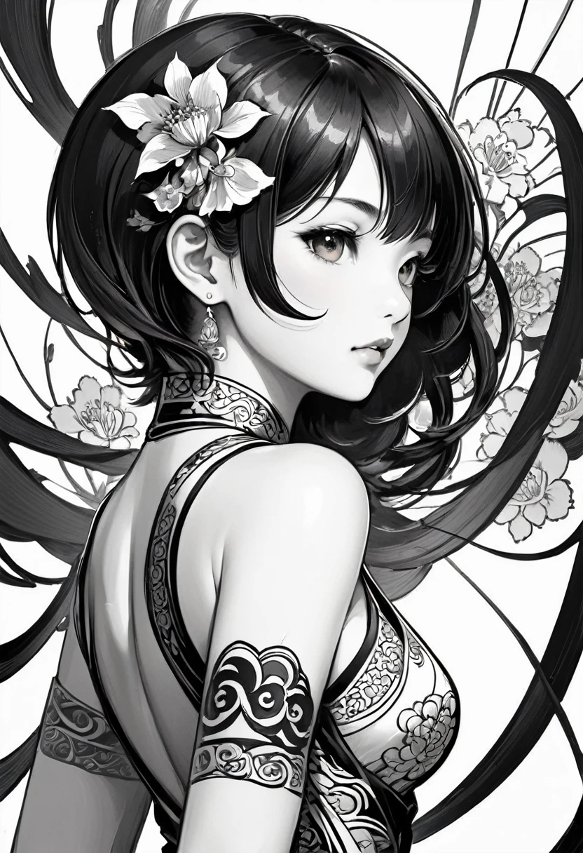 As a coloring book, white and black color, borders should be simple, clear, distinct, and thick lines, By Cartoon picture book of a beautiful Asian girl with short brown hair, A girl traditional ink body art style, (Use simple lines to outline a woman’s graceful figure), Take a step back, undulating lines, Thick and thin lines, line art, Black and white painting, character drawing, line art, lyrical abstraction