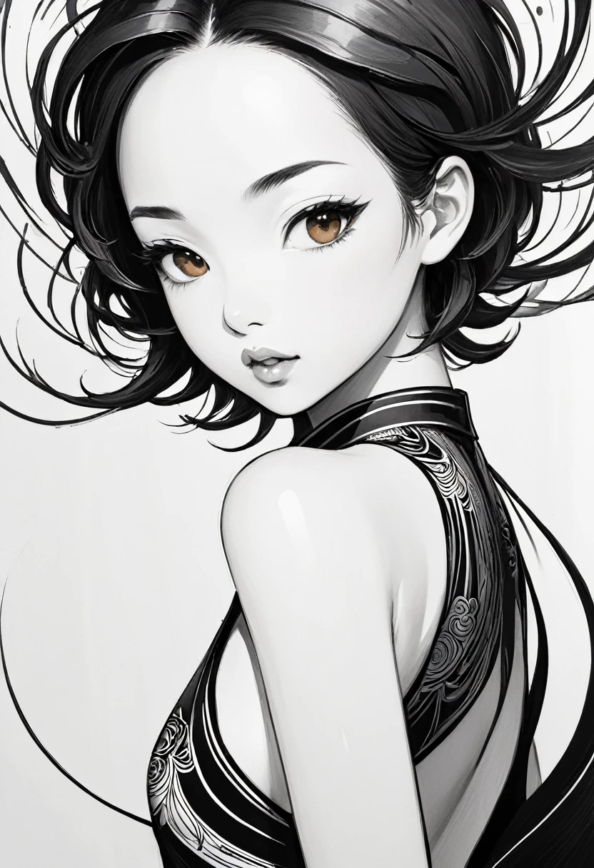 As a coloring book, white and black color, borders should be simple, clear, distinct, and thick lines, By Cartoon picture book of a beautiful Asian girl with short brown hair, A girl traditional ink body art style, (Use simple lines to outline a woman’s graceful figure), Take a step back, undulating lines, Thick and thin lines, line art, Black and white painting, character drawing, line art, lyrical abstraction