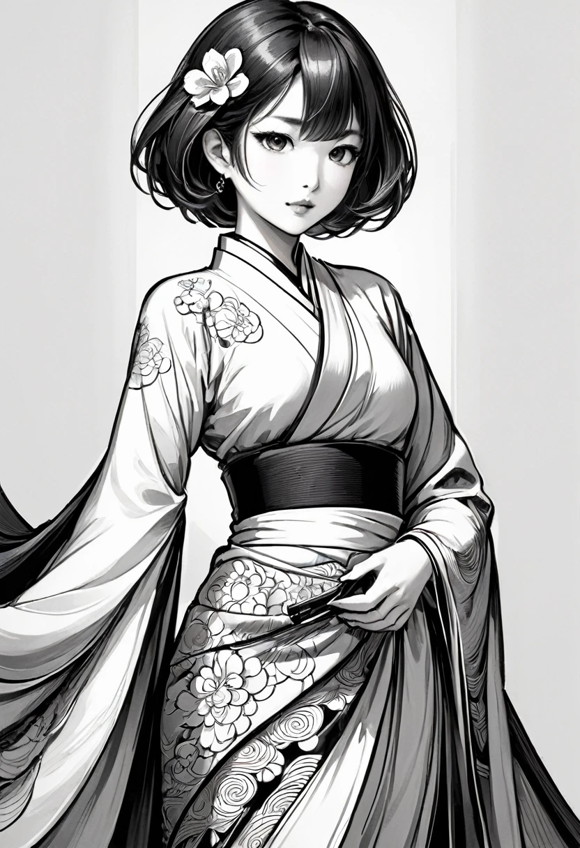 As a coloring book, white and black color, borders should be simple, clear, distinct, and thick lines, By Cartoon picture book of a beautiful Asian girl with short brown hair, A girl traditional ink body art style, (Use simple lines to outline a woman’s graceful figure), Take a step back, undulating lines, Thick and thin lines, line art, Black and white painting, character drawing, line art, lyrical abstraction