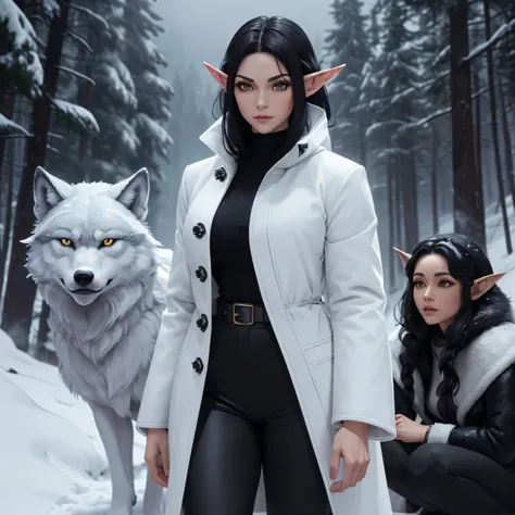 (characters: elf1, wolf1), elf1: (woman, black hair, (elf ears only), black pants, white winter coat), snowy mountain forest , (...