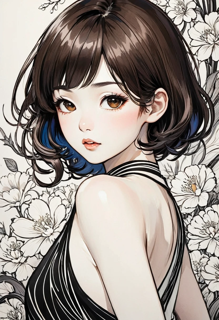 As a coloring book, white and black color, borders should be simple, clear, distinct, and thick lines, By Cartoon picture book of a beautiful Asian girl with short brown hair, A girl traditional ink body art style, (Use simple lines to outline a woman’s graceful figure), Take a step back, undulating lines, Thick and thin lines, line art, Black and white painting, character drawing, line art, lyrical abstraction