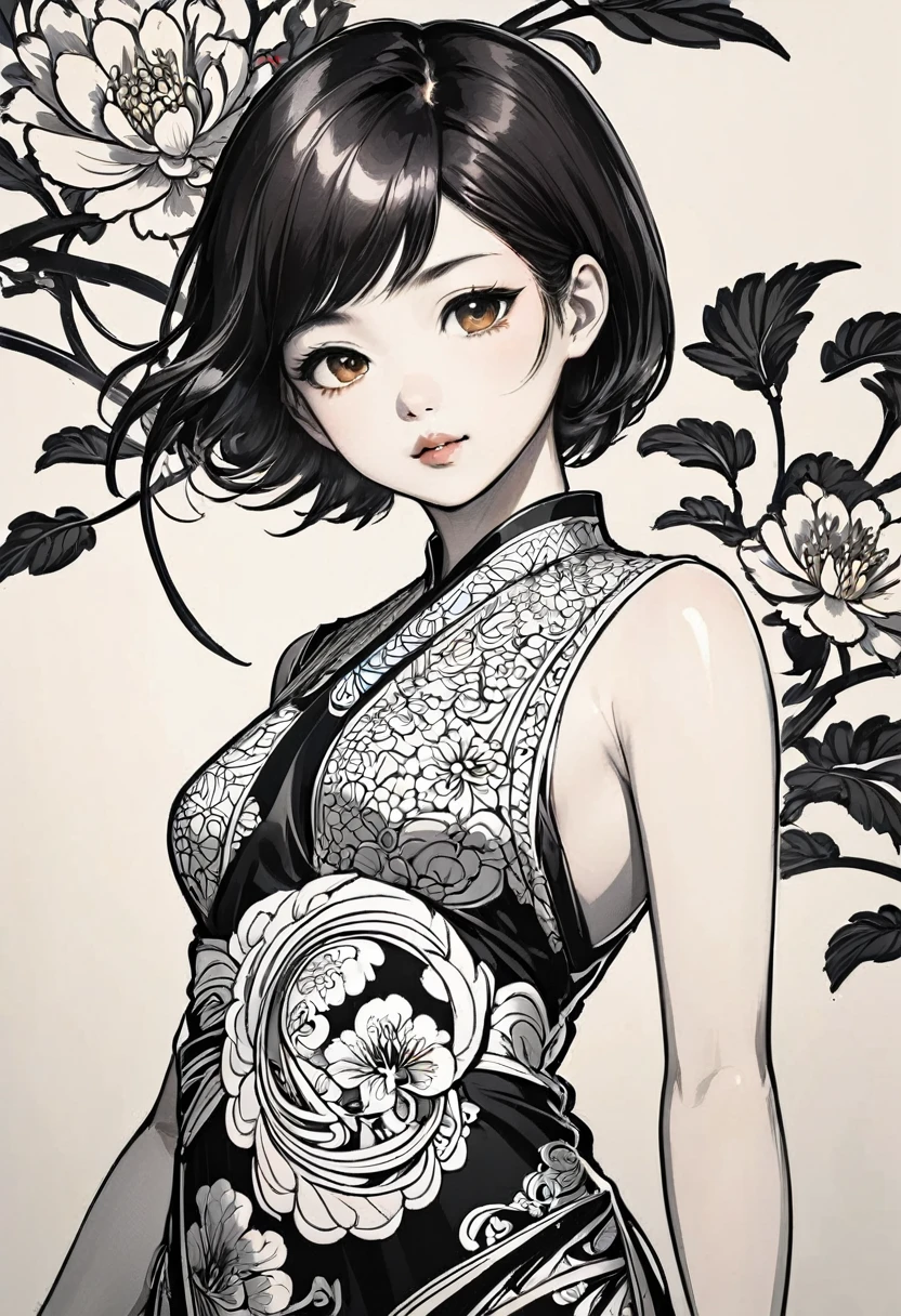 As a coloring book, white and black color, borders should be simple, clear, distinct, and thick lines, By Cartoon picture book of a beautiful Asian girl with short brown hair, A girl traditional ink body art style, (Use simple lines to outline a woman’s graceful figure), Take a step back, undulating lines, Thick and thin lines, line art, Black and white painting, character drawing, line art, lyrical abstraction