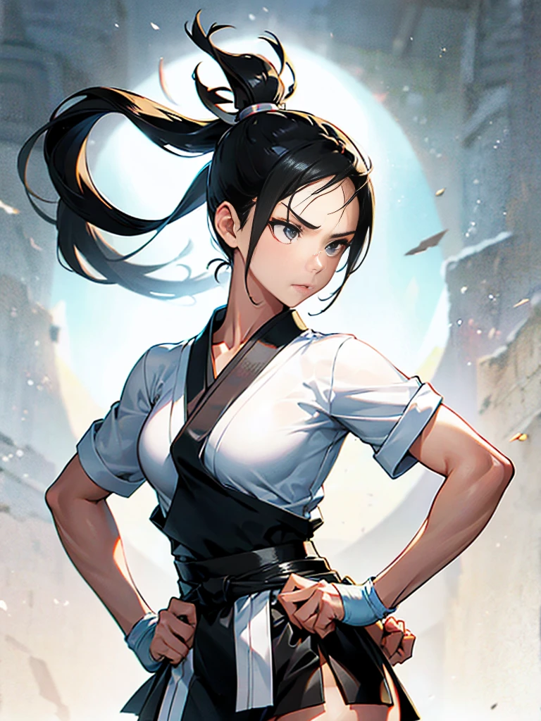 One person, Karate Stance,High Kick,Black Hair, ponytail, Slim body,Small breasts,Bad mood, Slanted Eyes, Character profile, Vanishing Point, Ultra Wide Angle, Japanese illustration style, 