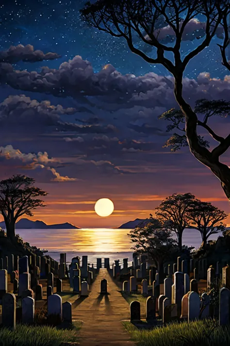 a landscape, a mixture of cemetery, square, sea, beach with a fig tree on a full moon night.