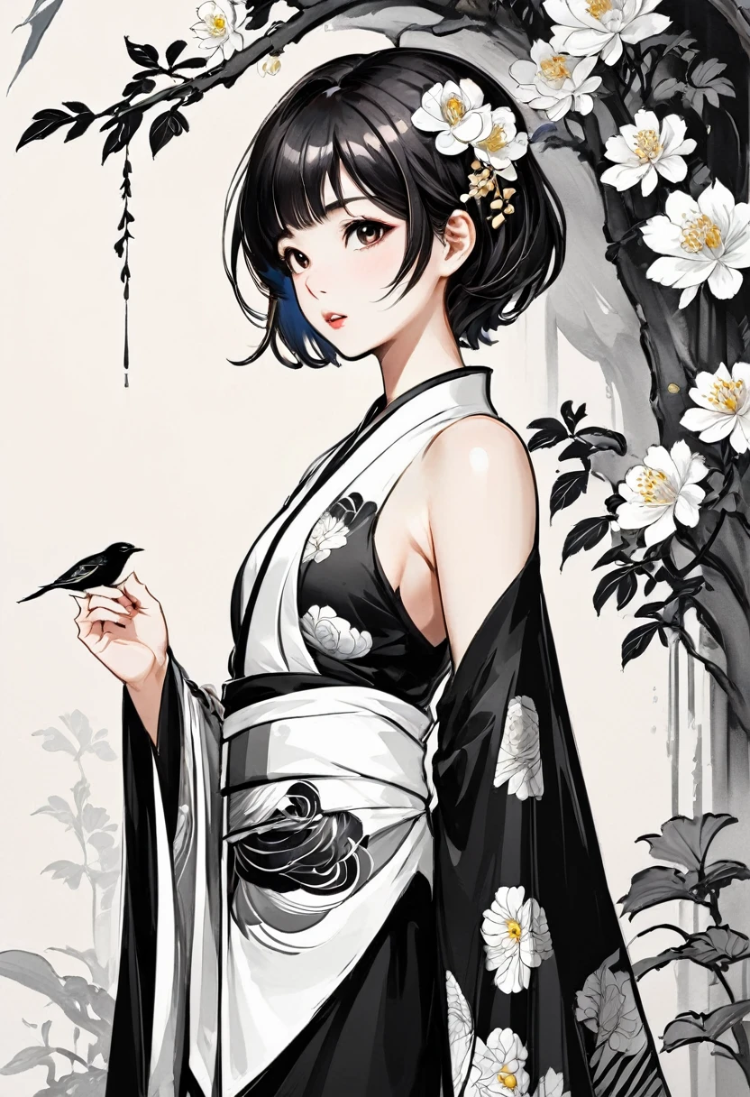 As a coloring book, white and black color, borders should be simple, clear, distinct, and thick lines, By Cartoon picture book of a beautiful Asian girl with short brown hair, A girl traditional ink body art style, (Use simple lines to outline a woman’s graceful figure), Take a step back, undulating lines, Thick and thin lines, line art, Black and white painting, character drawing, line art, lyrical abstraction