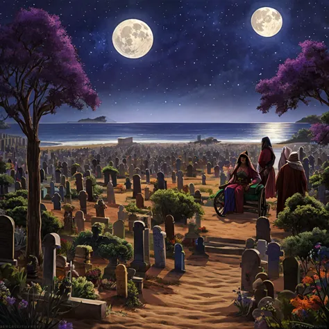 a landscape, a mixture of cemetery, square, sea, beach with a fig tree on a full moon night, there are five people, a gypsy woma...