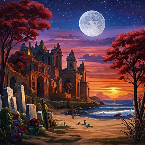 a landscape, a mixture of cemetery, square, sea, beach with a fig tree on a full moon night, there are five people, a gypsy woma...