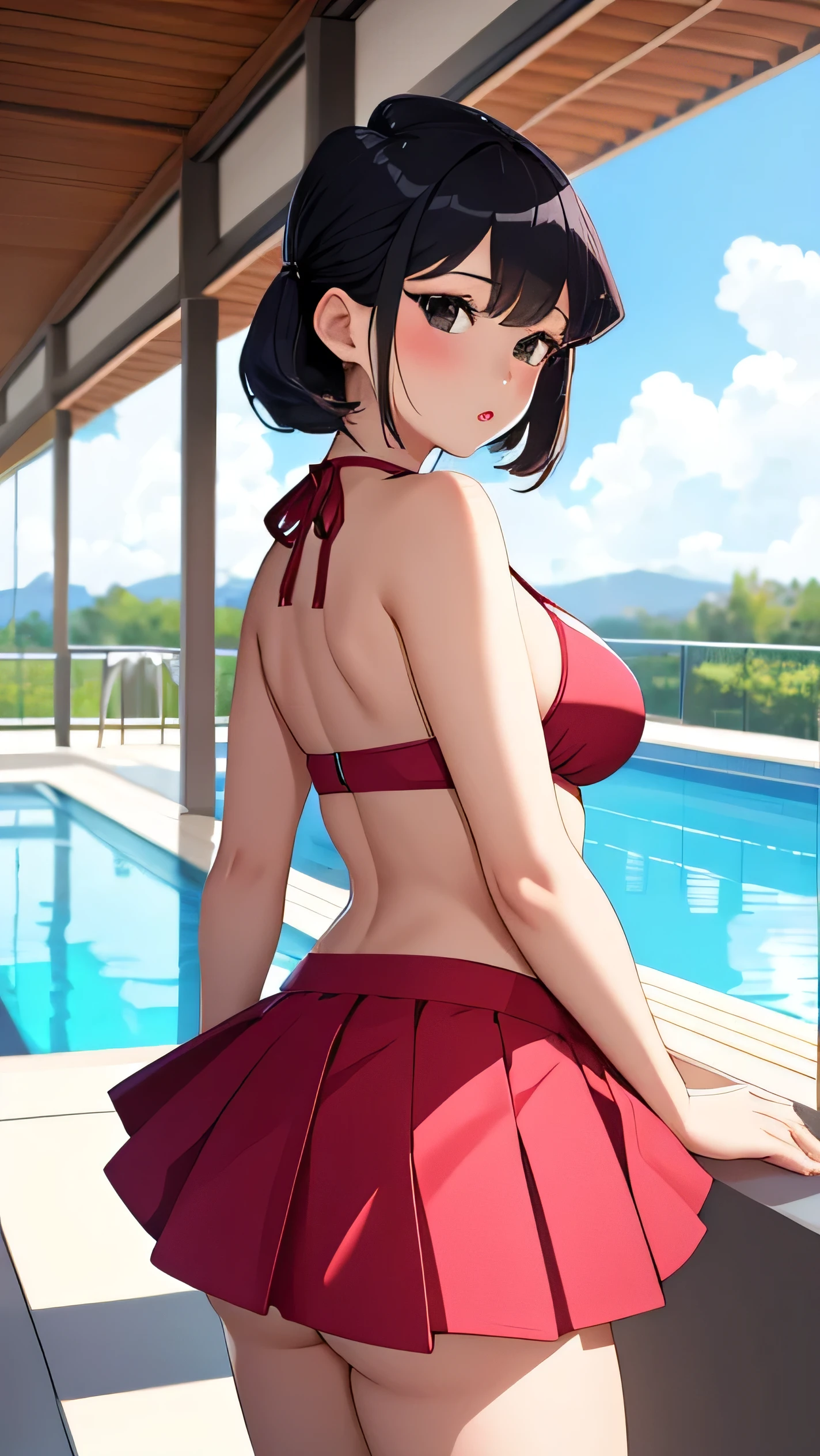 best quality, 1girl, masterpiece ultra detailed, illustration, komi shouko, glossy lips, blush, lips parted, short hair, twintails, standing, from behind, (bikini with microskirt), pool