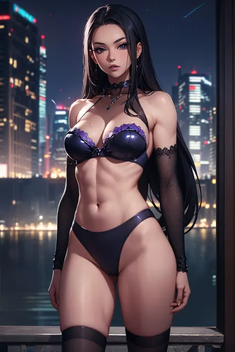 nsfw, best qualityer, work of art, intrikate, night time, 1 girl, standing alone, muscular, sexly, appealing,bright purple eyes,...