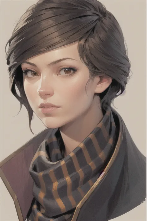 masterpiece, best quality, 1 girl, ekalduin, close-up, brown eyes, tan skin, black short hair, scarf, portrait, drawing, traditi...