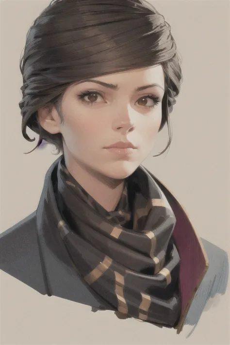 masterpiece, best quality, 1 girl, ekalduin, close-up, brown eyes, tan skin, black short hair, scarf, portrait, drawing, traditi...