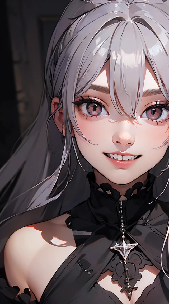 The lighting is very dim、Cinematic Lighting Effects、Her face is clearly visible、(((Huge very dark old gothic bedroom)))、(((He is smiling with his eyes shining and showing two long, sharp fangs.)))、1girl,、Silver-haired hair、Ponytail with bangs、(((vampire)))、(((((Abnormally long incisors)))))、She has a very beautiful face、Because it&#39;s tight、Big and beautiful eyes、Mid-chest、(((In underwear)))、Detailed depiction of the transparency and wrinkles of the ultra-thin underwear material、Detailed depiction of the beauty of hair、Detailed depiction of blue eye sparkle、(((((Girl squatting and spreading her legs)))))、Super excited girl、、A large, clean, white bed、ふっくらとした頬、