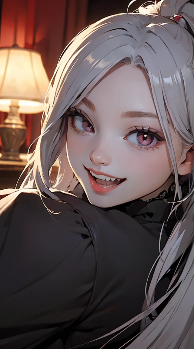 The lighting is very dim、Cinematic Lighting Effects、Her face is clearly visible、(((Huge very dark old gothic bedroom)))、(((He is smiling with his eyes shining and showing two long, sharp fangs.)))、1girl,、Silver-haired hair、Ponytail with bangs、(((vampire)))、(((((Abnormally long incisors)))))、She has a very beautiful face、Because it&#39;s tight、Big and beautiful eyes、Mid-chest、(((In underwear)))、Detailed depiction of the transparency and wrinkles of the ultra-thin underwear material、Detailed depiction of the beauty of hair、Detailed depiction of blue eye sparkle、(((((Girl squatting and spreading her legs)))))、Super excited girl、、A large, clean, white bed、ふっくらとした頬、