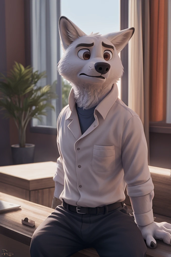 Gary \(Zootopia\), (white body:1.3), White fur, Brown eyes, Zootopia, dressed,shirt jacket, shirt trousers, women&#39;s shoes sandals with heels,macro, foot focus, fetish, Giant, canine, wolf, detailed fur, Male, antro, paw pads, finger claws, waving, waving at viewer, 5 fingers, paws, 4 toes,
BREAK from nextel, for dating, by xenoforge, (difficult, high detail, film photography, soft focus, RAW explicit cinema,sits at home, 
photorealism, realistic, photorealistic, analog style, subsurface scattering,
masterpiece, Best quality, ultra realistic, 8 K)