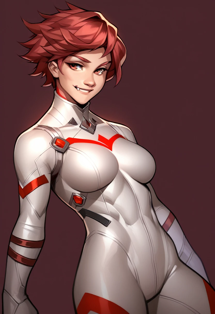 score_9, score_8_up, score_7_up, score_6_up, masterpiece, high quality, 1girl, red hair, bangs, sexy, solo, white jumpsuit, red markings, white bodysuit, skin tight, fang, smile
feason style