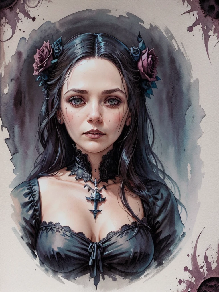 Beautiful portrait of l1z0l in a gothic composition with skulls and roses, ink and watercolor, movie poster, vampire movie, high resolution, many details, perfect anatomy,  watercolor painting