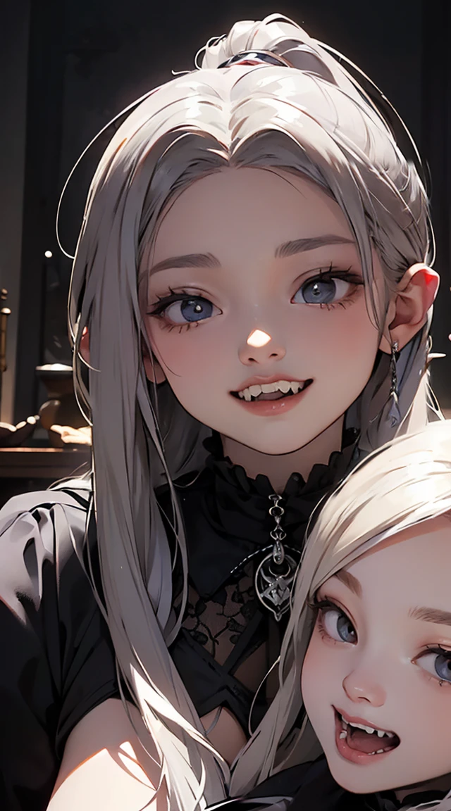 The lighting is very dim、Cinematic Lighting Effects、Her face is clearly visible、(((Huge very dark old gothic bedroom)))、(((He is smiling with his eyes shining and showing two long, sharp fangs.)))、1girl,、Silver-haired hair、Ponytail with bangs、(((vampire)))、(((((Abnormally long incisors)))))、She has a very beautiful face、Because it&#39;s tight、Big and beautiful eyes、Mid-chest、(((In underwear)))、Detailed depiction of the transparency and wrinkles of the ultra-thin underwear material、Detailed depiction of the beauty of hair、Detailed depiction of blue eye sparkle、(((((Girl squatting and spreading her legs)))))、Super excited girl、、A large, clean, white bed、ふっくらとした頬、