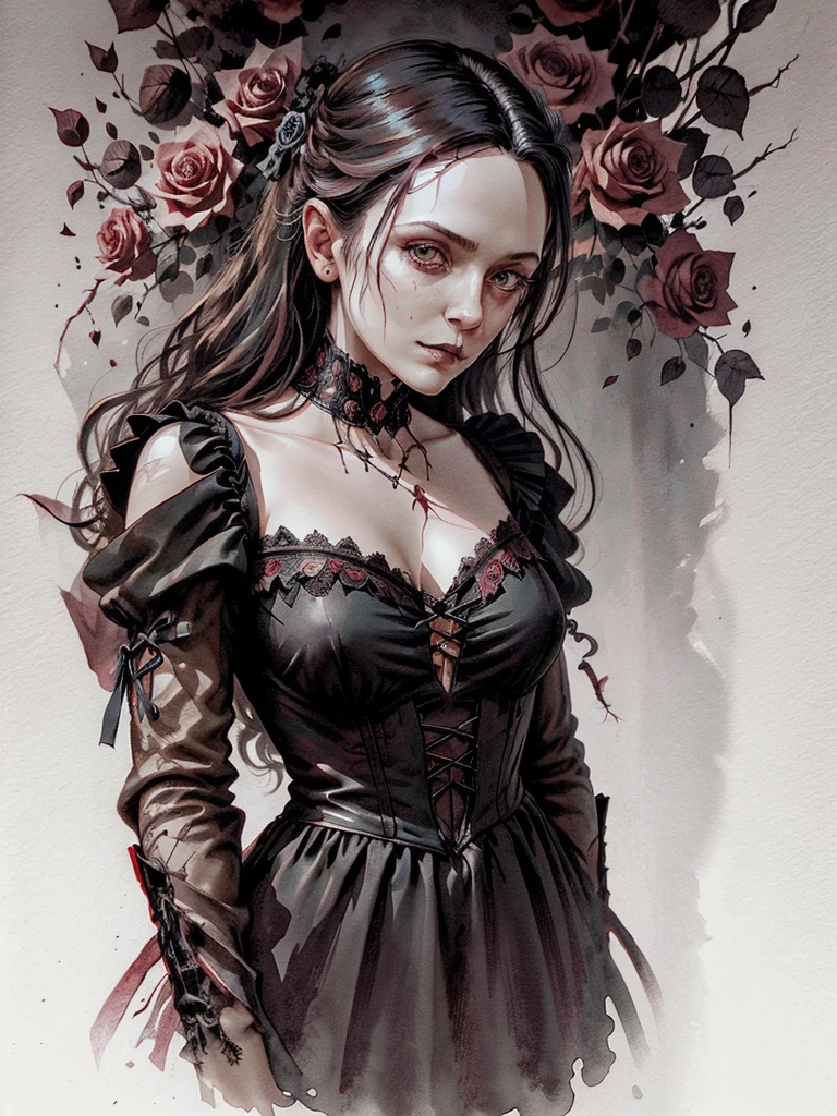 Beautiful portrait of l1z0l in a gothic composition with skulls and roses, ink and watercolor, movie poster, vampire movie, wearing black shirt, high resolution, many details, perfect anatomy,  watercolor painting, glowingveins, red theme