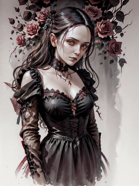 beautiful portrait of l1z0l in a gothic composition with skulls and roses, ink and watercolor, movie poster, vampire movie, wear...