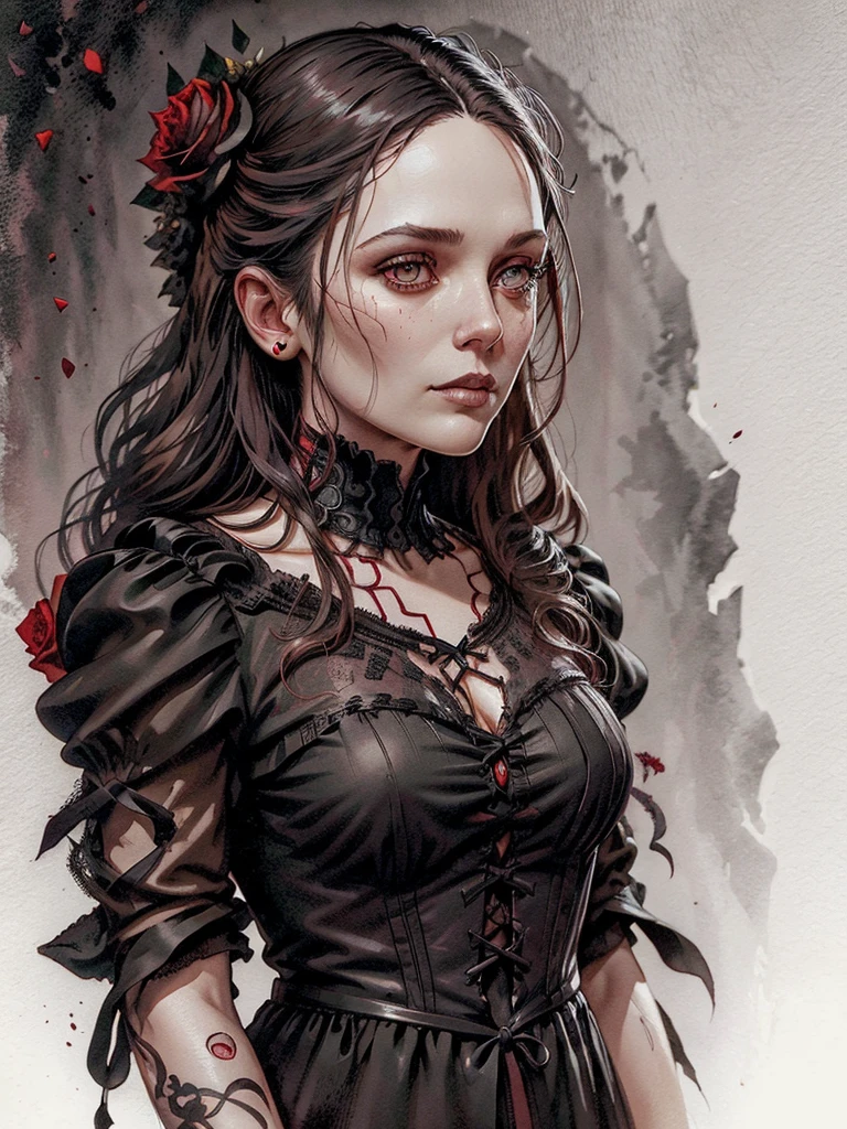 Beautiful portrait of l1z0l in a gothic composition with skulls and roses, ink and watercolor, movie poster, vampire movie, wearing black shirt, high resolution, many details, perfect anatomy,  watercolor painting, glowingveins, red theme