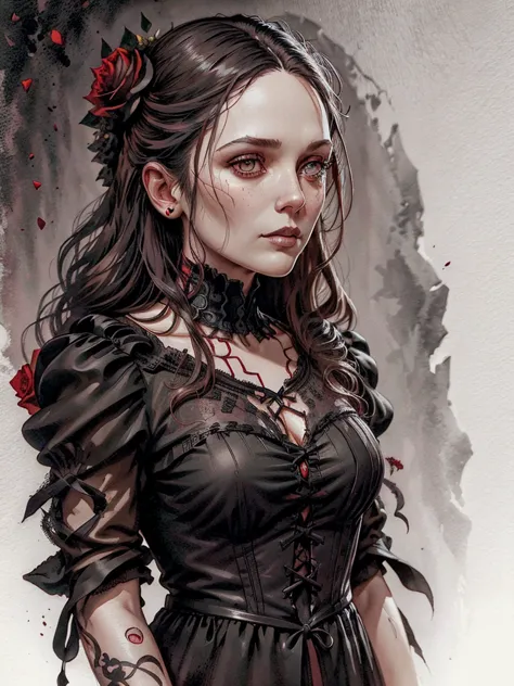 beautiful portrait of l1z0l in a gothic composition with skulls and roses, ink and watercolor, movie poster, vampire movie, wear...